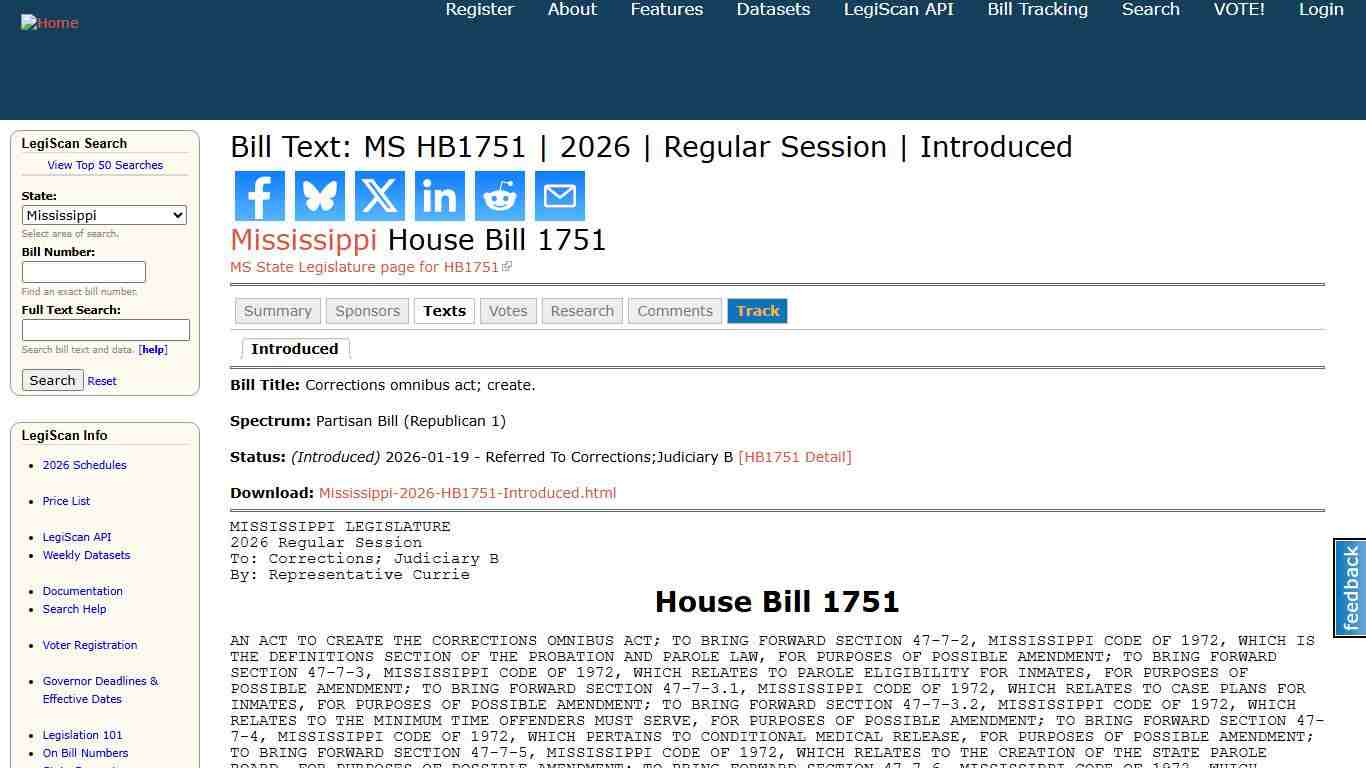 Bill Text: MS HB1751 2026 Regular Session Introduced LegiScan