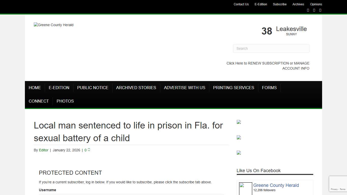 Local man sentenced to life in prison in Fla. for sexual battery of a child – Greene County Herald